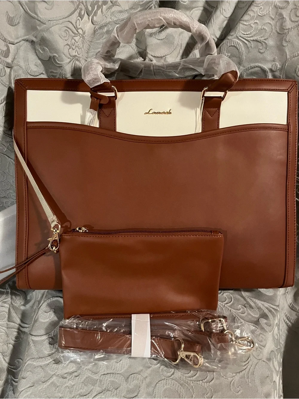 Brown & Cream Laptop Tote with Zip Pouch